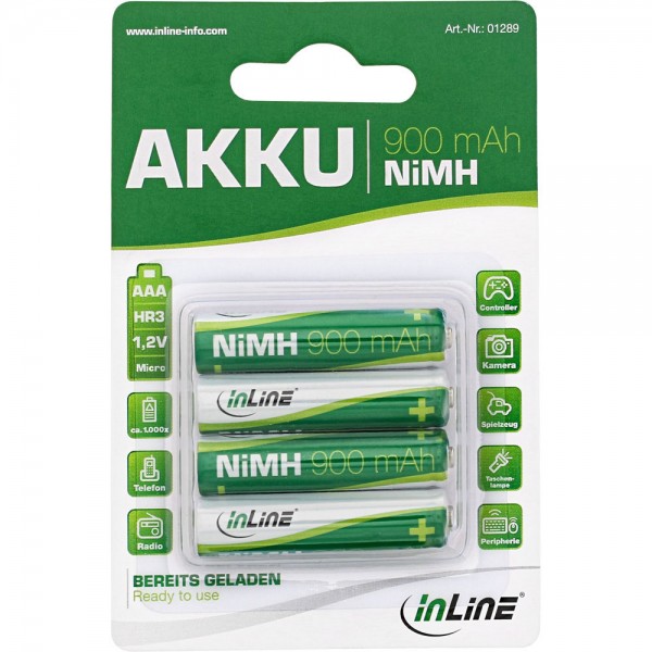 InLine® NiMH-Akku, Micro (AAA), 900mAh, vorgeladen, im 4er Blister