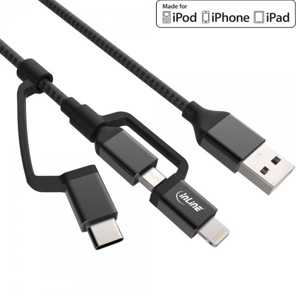 InLine® 3-in1 USB Kabel, Micro-USB, Lightning, USB Typ-C, schwarz/Alu, 1,5m