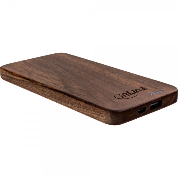 InLine® woodplate, USB Powerbank 5.000mAh, mit LED Status Anzeige, Echtholz, Walnuss, 2.1A Ausgabe