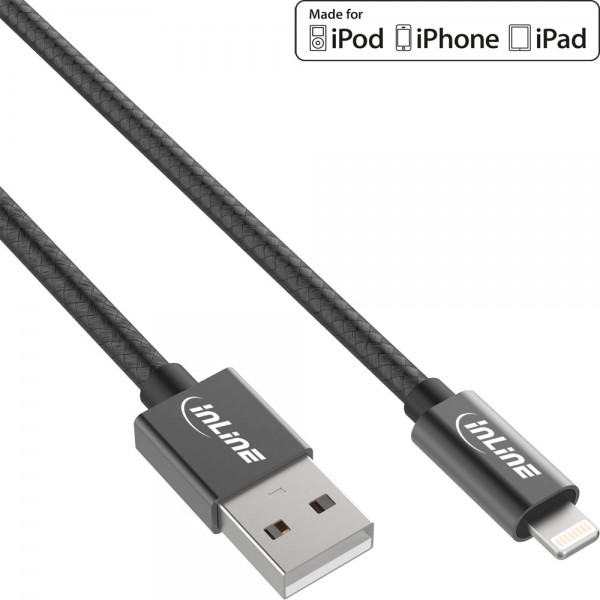 InLine® Lightning USB Kabel, für iPad, iPhone, iPod, schwarz/Alu, 1m