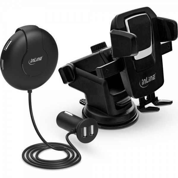 InLine® KFZ Set , USB Ladegerät mit Smartphone Halterung